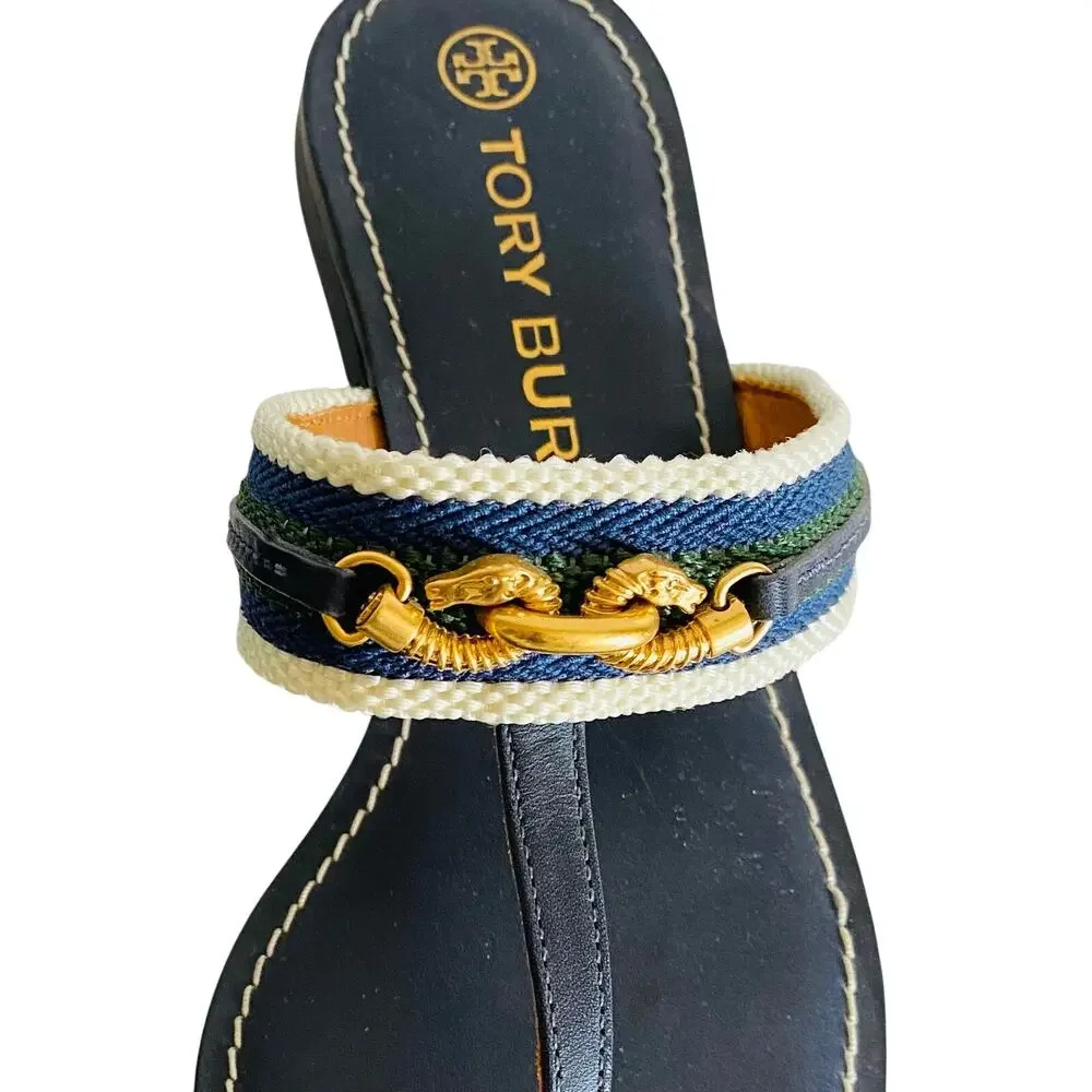 Tory Burch Jessa‎ Navy Leather Thong Sandals Dragon Chain Stripe Webbing 9.5